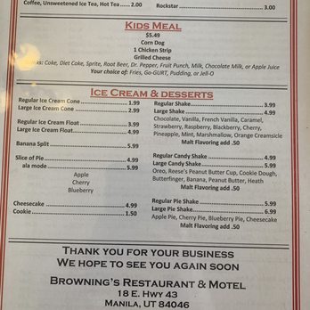 Browning's Restaurant and Motel - Menu - Hotels Near Me - Manila, Utah