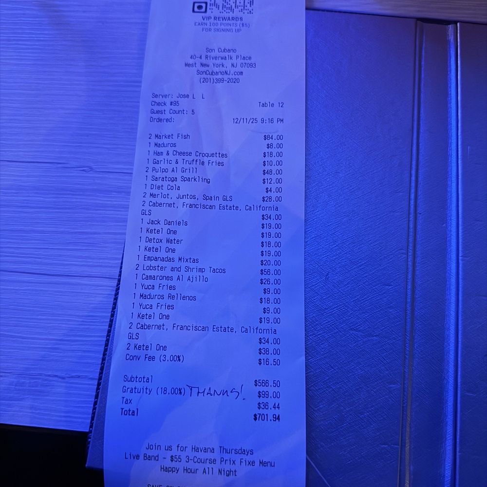 Don Coqui - Our receipt from Son Cubano! - Latin American Near Me - Edgewater, New Jersey