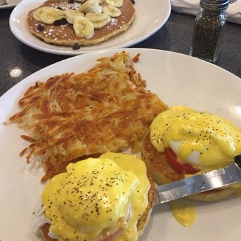 Eggsquisite Cafe - Allen - Eggs Benedict and chocolate chip pancakes. - Breakfast & Brunch Near Me - Allen, Texas