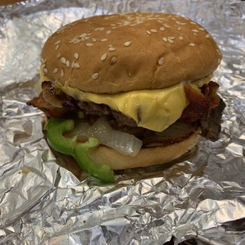 Five Guys - Little Bacon Cheeseburger w/ mayo, mustard, A-1, Hot Sauce, onions, mushrooms & jalapeños $7.50. - Burgers Near Me - Pleasant Hill, California Five Guys - Little Bacon Cheeseburger w/ mayo, mustard, A-1, Hot Sauce, onions, mushrooms & jalapeños $7.50. - Burgers Near Me - Pleasant Hill, California
