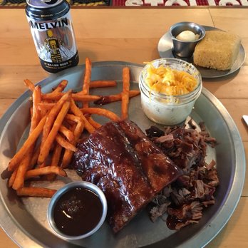 HQ BBQ - Favorite Two - Ribs and Brisket with a side of Mac n cheese and sweet potato fries - Barbeque Near Me - Evansville, Wyoming