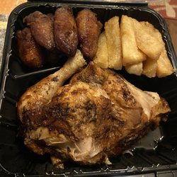 Sardi's Pollo A La Brasa - 1/2 chicken dark w/fried yuca & fried plantains.