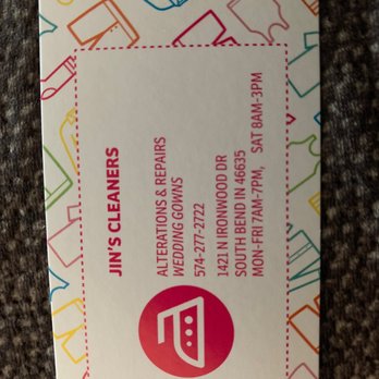 jin's cleaners - Business card with hours - Sewing & Alterations Near Me - South Bend, Indiana jin's cleaners - Business card with hours - Sewing & Alterations Near Me - South Bend, Indiana