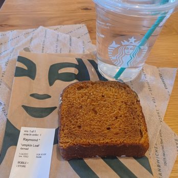 Starbucks - Pumpkin loaf and a water - Coffee & Tea Near Me - Lincoln, Nebraska Starbucks - Pumpkin loaf and a water - Coffee & Tea Near Me - Lincoln, Nebraska