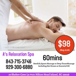 A's Relaxation Spa - The full body massage targets all the major areas of the body that are most subject to strain and
discomfort including the ne...