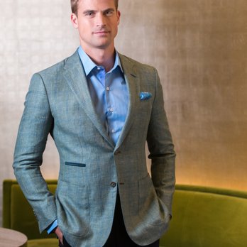 BALANI Custom Suits Dallas - Custom Light Green Blazer with Navy Pipe Ticket Pocket - Balani Custom Clothiers - Men's Clothing Near Me - Dallas, Texas
