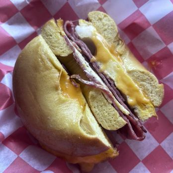 Blackberry Inn Kitchen - Scrambled egg, cheddar, maple turkey bacon on an egg bagel - Bagels Near Me - Watkins Glen, New York