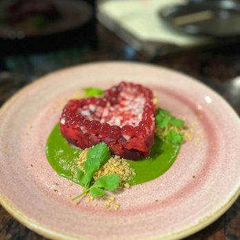 XO Restaurant - First Veg - Beet Lotus, Emulsified Chimichurri, Shiso Gel, Crispy Quinoa - Asian Fusion Near Me - Honolulu, Hawaii