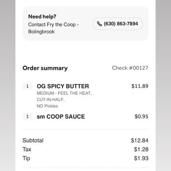 Fry The Coop - receipt - Fast Food Near Me - Bolingbrook, Illinois