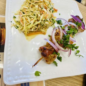 European Dumplings Cafe - Chicken Skewer with Salad. That coleslaw - Ukrainian Near Me - Castle Hills, Texas European Dumplings Cafe - Chicken Skewer with Salad. That coleslaw - Ukrainian Near Me - Castle Hills, Texas