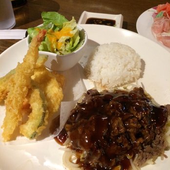 Benkey Sushi - Beef teriyaki and tempura and rice and salad. Part of lunch sashimi bento - Japanese Near Me - Aldergrove, British Columbia