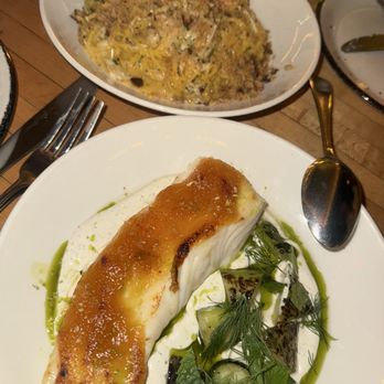 Nancy's Hustle - Pineapple glazed halibut and capellini pasta - New American Near Me - Houston, Texas Nancy's Hustle - Pineapple glazed halibut and capellini pasta - New American Near Me - Houston, Texas