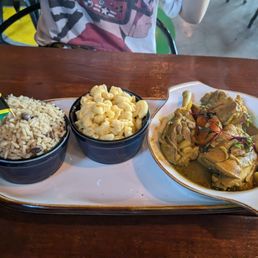 Curry chicken, rice and peas, macaroni and cheese Curry chicken, rice and peas, macaroni and cheese