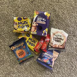 All my favorite UK-based chocolate brands but MAKE IT EASTER! Cadbury Dairy Milk, Smarties, Maltesers, Terry's Chocolate Orange, Galaxy!