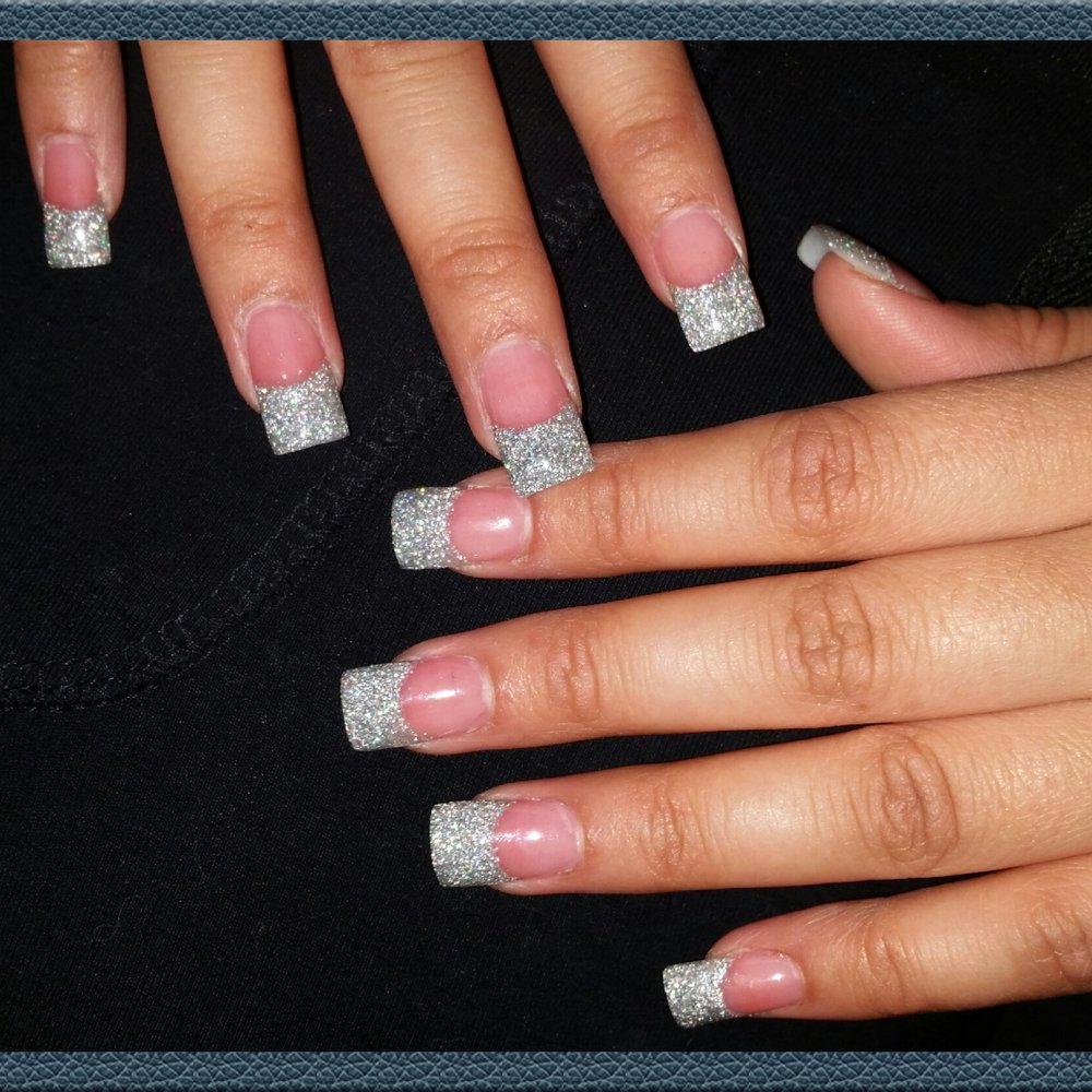 Nails Today - Grey Glitter Tips with Pink Gel - Nail Salons Near Me - Long Beach, California