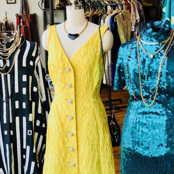 Fox+catvintage - summer window display - featuring a gown from Memphis' own Frances Wright (now closed) - a gorgeous yellow brocade with rhinestone buttons. - Used, Vintage & Consignment Near Me - Memphis, Tennessee