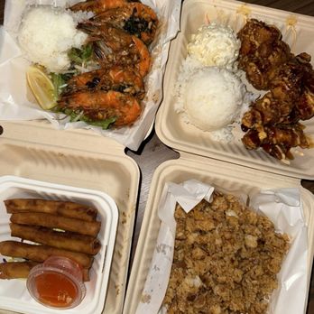 Joey's Kitchen Napili - Top: Garlic Shrimp & Garlic Chicken. Bottom: Pork Lumpia & Pork Adobo Fried Rice. - Filipino Near Me - Lahaina, Hawaii Joey's Kitchen Napili - Top: Garlic Shrimp & Garlic Chicken. Bottom: Pork Lumpia & Pork Adobo Fried Rice. - Filipino Near Me - Lahaina, Hawaii