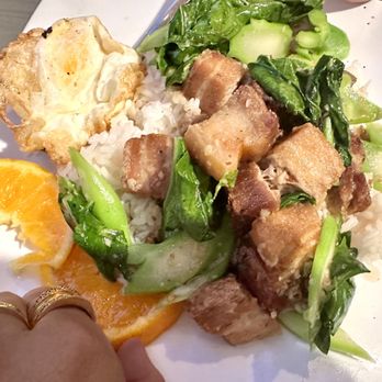 Aroi Thai On Prospect - CRISPY PORK with CHINESE BROCCOLI , Fried Egg and Rice , this one was very seasoned good ! - Thai Near Me - La Jolla, California Aroi Thai On Prospect - CRISPY PORK with CHINESE BROCCOLI , Fried Egg and Rice , this one was very seasoned good ! - Thai Near Me - La Jolla, California