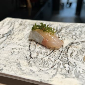 Sushi Mahana - Shima Aji with sea grape - Sushi Bars Near Me - North Vancouver, British Columbia Sushi Mahana - Shima Aji with sea grape - Sushi Bars Near Me - North Vancouver, British Columbia