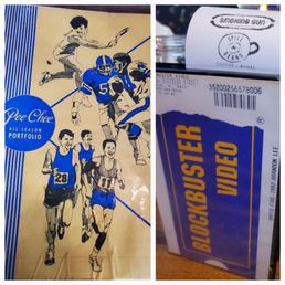 Pee-Chee folder menu cover and Blockbuster VHS case for the guest check