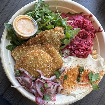 Yalla Motek - Crispy chicken rice bowl with Turkish rice underneath. - Middle Eastern Near Me - Aventura, Florida