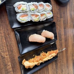 CHICKEN KARRAGE SKEWER, SPICY SALMON ROLL, YELLOWTAIL NIGIRI CHICKEN KARRAGE SKEWER, SPICY SALMON ROLL, YELLOWTAIL NIGIRI
