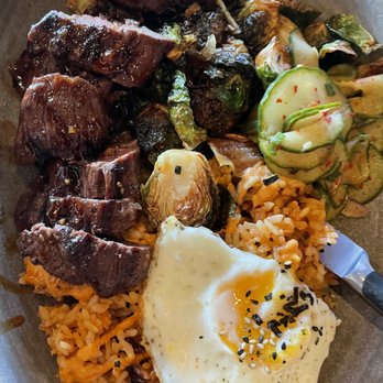 Pacific Catch - Korean BBQ Bowl (thai brussels, egg, kimchi fried rice, cucumber banchan, medium rare skirt steak) - Seafood Near Me - Dublin, California
