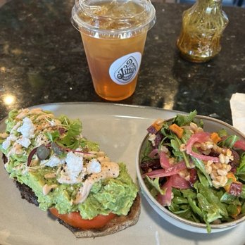 Jitters Coffee Pub - Avocado toast with vegan feta/ side salad, fresh brewed herbal iced tea - Coffee & Tea Near Me - Oceanside, California