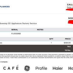 GE Appliances Repair - It's $109.95, but with tax, the total is $121.05 just to have it diagnosed by a technician.