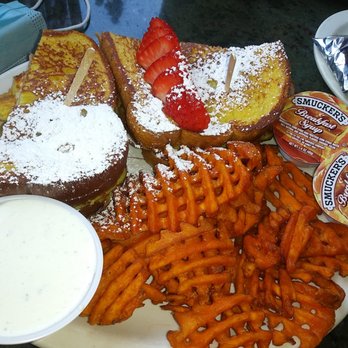 Foxy's Restaurant - Monte Cristo ham, turkey, double cheese, french toast bread sandwich. With sweet potato fries. - Diners Near Me - Glendale, California