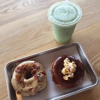 Good Dough - Matcha iced Latte with Butterscoth bacon and county fair doughnuts! - Donuts Near Me - Jacksonville, Florida Good Dough - Matcha iced Latte with Butterscoth bacon and county fair doughnuts! - Donuts Near Me - Jacksonville, Florida