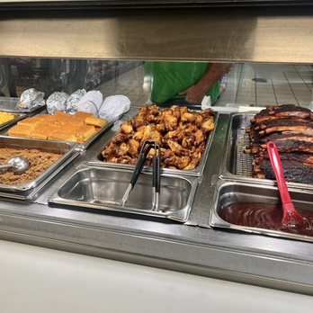 Satsuma Chevron BBQ - Lunch bar:  Smoked Ribs, Wings, BBQ Sandwich, Peach Cobbler, cornbread - Breakfast & Brunch Near Me - Satsuma, Alabama