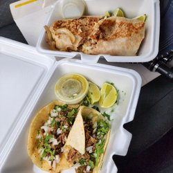 Tacos San Miguel - Shredded Beef tacos and a rice and beans burrito with essence of shredded beef.