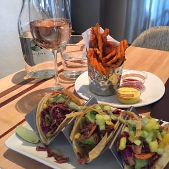 Root Down DIA - GF fish tacos, sweet potato fries and rose.... Praying for a food coma. - New American Near Me - Denver, Colorado Root Down DIA - GF fish tacos, sweet potato fries and rose.... Praying for a food coma. - New American Near Me - Denver, Colorado