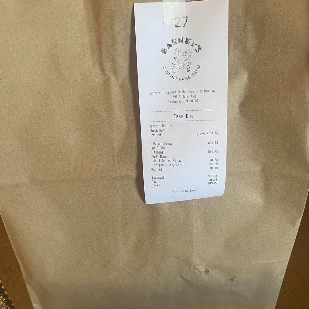 Barney's Gourmet Hamburgers - To go bag - Burgers Near Me - Berkeley, California Barney's Gourmet Hamburgers - To go bag - Burgers Near Me - Berkeley, California