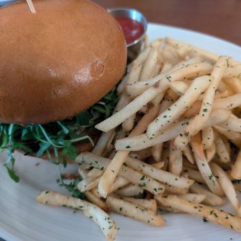 The Bourbon Pear - Shiitake mushroom burger with fries. - Southern Near Me - Livermore, California The Bourbon Pear - Shiitake mushroom burger with fries. - Southern Near Me - Livermore, California
