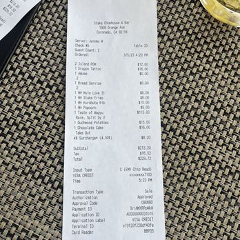 Stake Chophouse & Bar - Receipt. We left so full - Steakhouses Near Me - Coronado, California Stake Chophouse & Bar - Receipt. We left so full - Steakhouses Near Me - Coronado, California