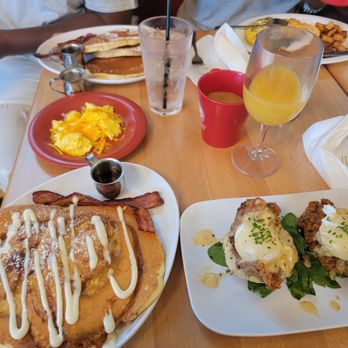 Ruby Sunshine Charleston Downtown - Cinnamon swirl pancakes. St. Charles Benedict. - Breakfast & Brunch Near Me - Charleston, South Carolina Ruby Sunshine Charleston Downtown - Cinnamon swirl pancakes. St. Charles Benedict. - Breakfast & Brunch Near Me - Charleston, South Carolina