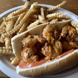 Southern Accent - The shrimp po' boy sandwich, minus the lettuce. The fries were seasoned with salt only and a side of ranch.