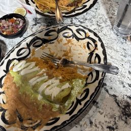 Cheese Enchiladas Verdes rice and beans