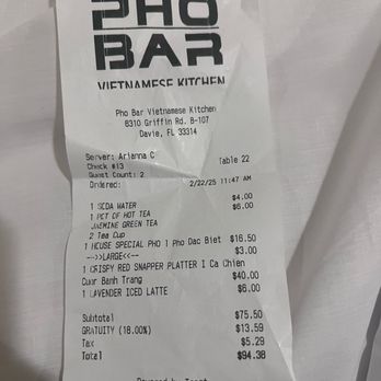 Pho Bar Vietnamese Kitchen - Receipt - Vietnamese Near Me - Davie, Florida Pho Bar Vietnamese Kitchen - Receipt - Vietnamese Near Me - Davie, Florida
