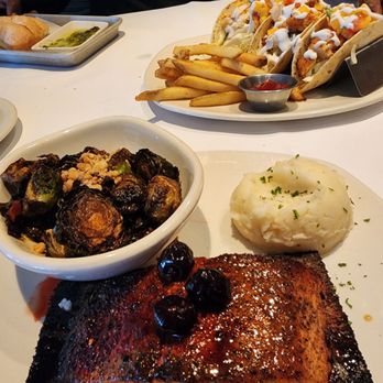 Bonefish Grill - Cedar plank "old fashioned" salmon, whipped garlic potatoes, bang bang brussel sprouts - Seafood Near Me - Fayetteville, North Carolina