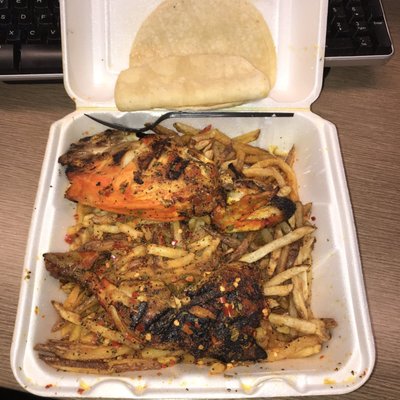 Photo of Dino's Chicken and Burgers - Los Angeles, CA, US. Half chicken with Fries, corn tortilla