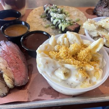 Interstellar BBQ - Tri-Tip, Brisket Taco, Gouda Mac N Cheese, and Smoked Scallop Potatoes. - Barbeque Near Me - Austin, Texas