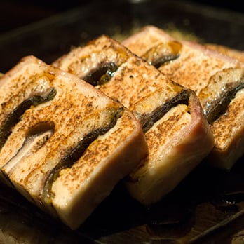 Sumika - unagi and shitaki mushroom bacon wrap. It's like a terrine. - Japanese Near Me - Los Altos, California Sumika - unagi and shitaki mushroom bacon wrap. It's like a terrine. - Japanese Near Me - Los Altos, California