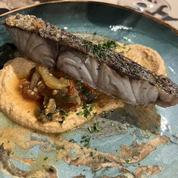 Bascook - Sea bass with some sauce and aubergine. - Signature Cuisine Near Me - Bilbao, BI