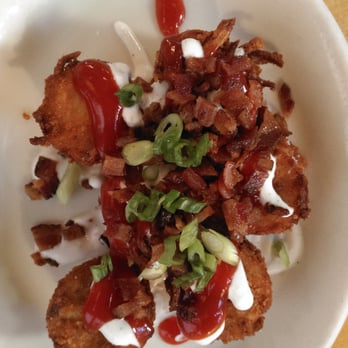 The Peach Cafe - goutmet Tator tots. Super crunchy with bacon bits on top. Not your typical tot. A must have here. - New American Near Me - Monrovia, California The Peach Cafe - goutmet Tator tots. Super crunchy with bacon bits on top. Not your typical tot. A must have here. - New American Near Me - Monrovia, California