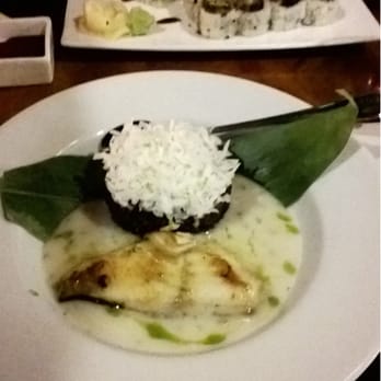 JJ's Asian Fusion - Black cod with lemongrass sauce with black sticky rice & coconut, as a Main Dish. Top: Spider roll & Salmon Skin roll - Sushi Bars Near Me - Astoria, New York JJ's Asian Fusion - Black cod with lemongrass sauce with black sticky rice & coconut, as a Main Dish. Top: Spider roll & Salmon Skin roll - Sushi Bars Near Me - Astoria, New York