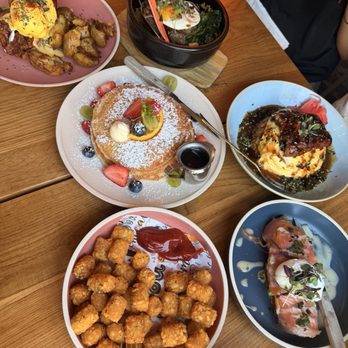 Sunny Side Breakfast - tator tots, California toast, pancake, garlic rice, crispy benedict, unagi omurice - Breakfast & Brunch Near Me - Sacramento, California Sunny Side Breakfast - tator tots, California toast, pancake, garlic rice, crispy benedict, unagi omurice - Breakfast & Brunch Near Me - Sacramento, California