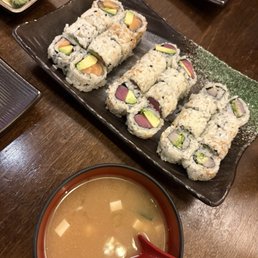 *Salmon Avocado Roll, *Tuna Avocado Roll, & *Yellowtail Scallion Roll with miso soup